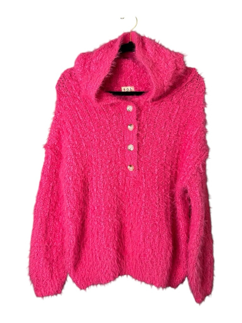 POL Hot Pink Fuzzy Button-Up Hoodie Sweater Oversized Small